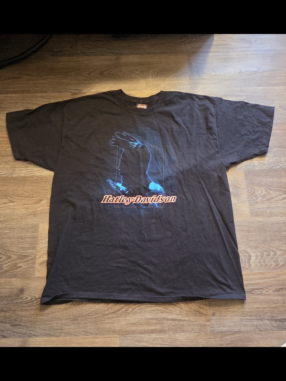 Harley-Davidson Black Tee with Blue Eagle and Orange Script